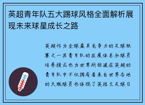 英超青年队五大踢球风格全面解析展现未来球星成长之路